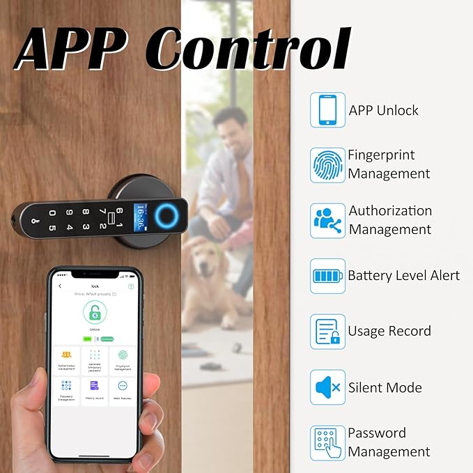 Fingerprint Keyless Entry Bedroom Door Lock with Code RFID Card NFC APP Keypad, Smart Biometric Automatic Interior Door Handle with Lock for Indoor Hotel Pantry Apartment Office Home, Black