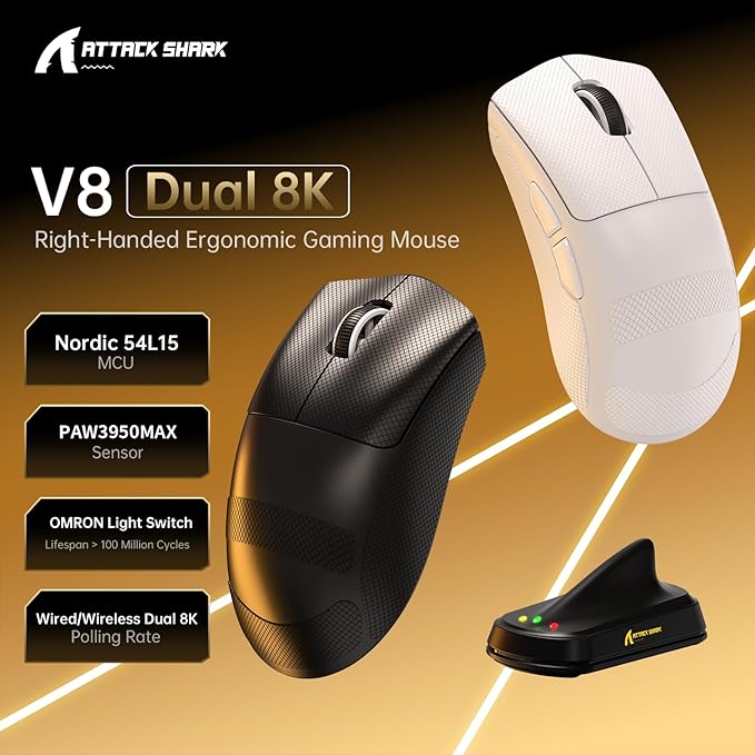 MAMBASNAKE ATTACKSHARK V8 Wireless Ultralight Gaming Mouse with 8K Polling,42000 DPI,Nordic54L15 MCU Chip,PAW3950 Max Sensor-Wired/BT/2.4Ghz,400Hrs Long Battery,Programmable for PC Mac FPS(Black+Tape)