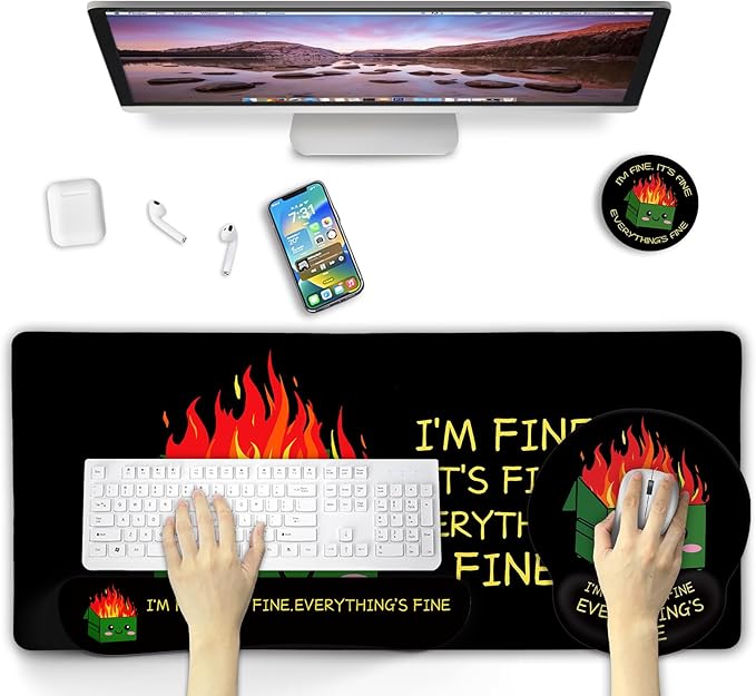 Blusabaca Dumpster on Fire Mouse Pad Desk Pad, Funny Cute Desk Mat Large Gaming Mouse Pad with Wrist Rest, Keyboard Pad Wrist Rest Ergonomic, Cup Coaster, Work Home Desk Accessories Office Supplies