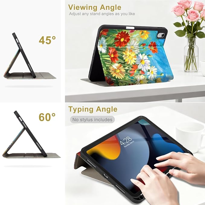 Lokigo New for iPad (A16) 11th Generation Case 11 Inch 2025, iPad 10th Generation Case 10.9 inch 2022 with Pencil Holder, Support Touch ID, Oil Painting Daisy
