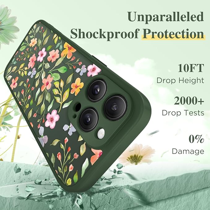 GVIEWIN for iPhone 16 Pro Case Compatible with MagSafe, [Military Grade Protection] [Screen Protector] Full Camera Protection Floral Translucent Women Magnetic Phone Case, Watercolor/Forest Green