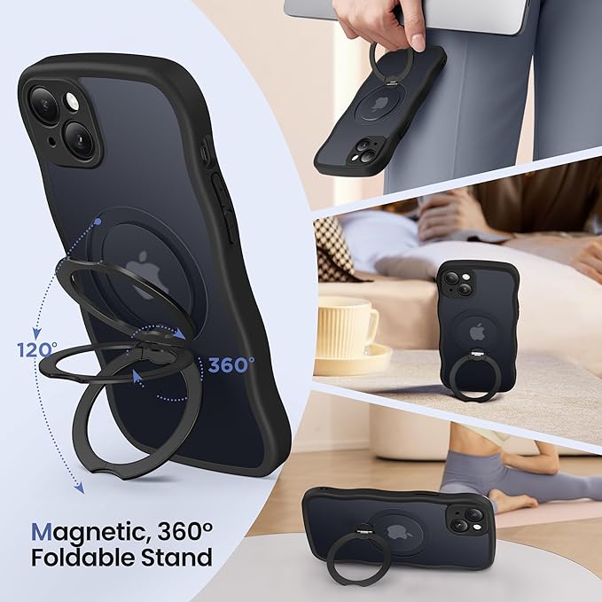 CAPRARO for iPhone 15 Plus Case with 360° Spin Magnetic Stand for Women, [Compatible with MagSafe] [Full Camera Protection] Cute Wave Translucent Matte Case for iPhone 15 Plus, Black