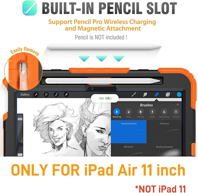 HXCASEAC Rugged Case for iPad Air 11 inch M4 M3 M2 (2026 2025 2024), Heavy Duty Protective Design with Pencil Holder, Screen Protector, Rotating Stand, Hand Strap, for iPad Air 11 Hard Case (Orange)
