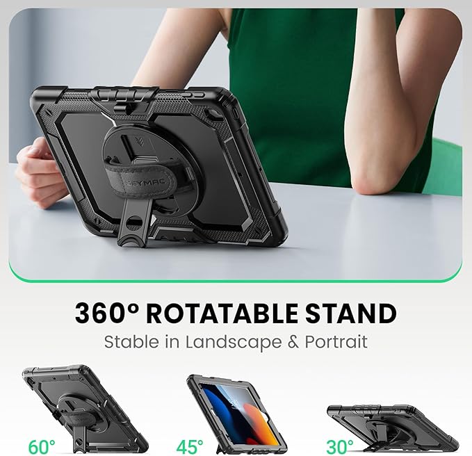 SEYMAC for iPad 9th/8th/7th Generation Case 10.2" 2021-2019, Full-Body Shockproof Heavy Duty Protective Case with Screen Protector, 360° Rotating Stand/Handle/Shoulder Strap for iPad 10.2, Black