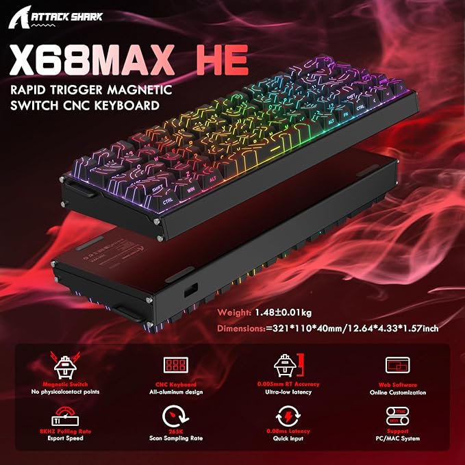 ATTACK SHARK X68MAX HE 60% Wired Magnetic Switch Keyboard,Full Aluminum CNC,0.005mm RT Accuracy,8KHz Rapid Trigger Mechanical Gaming Keyboard,Adjustable Actuation,RGB Coiled Cable for FPS Games,Black