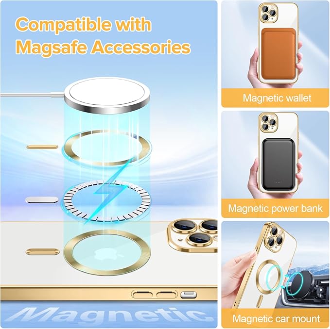 Hython Magnetic Clear for iPhone 11 Pro Max Case with Camera Lens Protector [Compatible with MagSafe] Plating Edge Slim Soft TPU Cover Protective Phone Case for iPhone 11 Pro Max 6.5", Gold