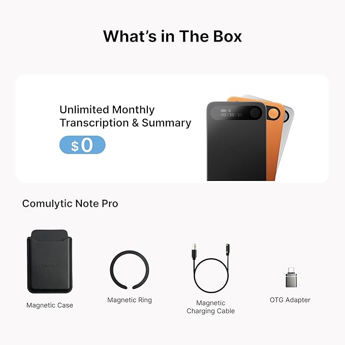 Comulytic Note Pro AI Voice Recorder, Unlimited Transcribe & Summarize, AI Note Taking Recording Device w/Case, App Control, 113 Languages for Calls, Meetings, Lectures, Interviews, Black