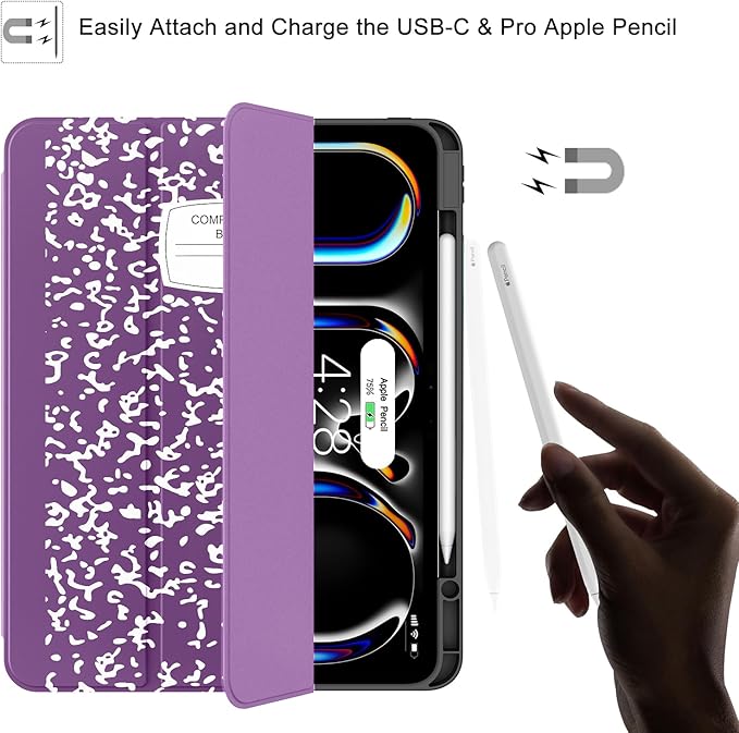 Soke Case for New iPad Pro 13 Inch (M5/M4, 2025/2024 Release), with Pencil Holder Trifold Stand Shockproof [Support Apple Pencil Charging + Auto Wake/Sleep], Soft TPU Back Cover, Book Violet