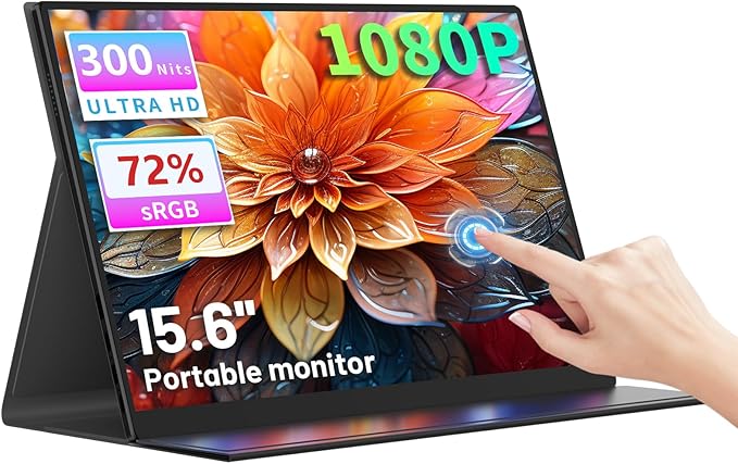 Portable Monitor Touchscreen 15.6 Inch, FHD 1080P IPS 10-Point Touch Screen Monitor, HDMI USB C Second External Monitor for Laptop PC Game Consoles, Built-in Speaker with Protective Case