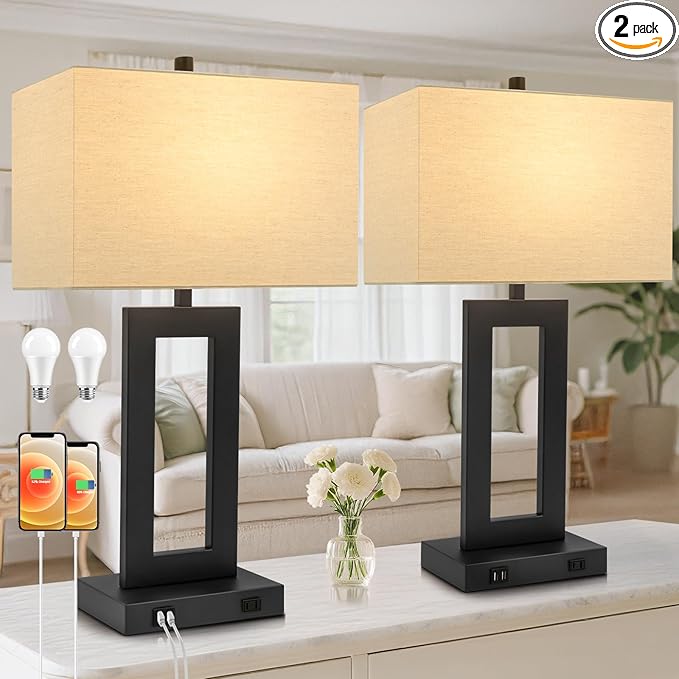 TOBUSA 28’’ Tall Lamps for Living Rooms Set of 2, Modern Black Touch Control Table Lamps for Bedroom, 3 Way Dimmable Bedside Lamps with 2 USB Ports&AC Outlet, High-end Decor Lamp for Home Office