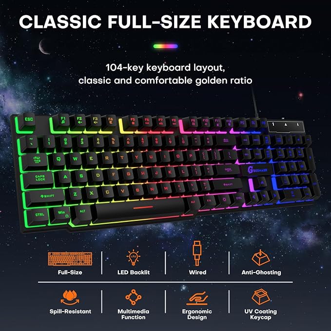 GEODMAER 104 Keys Gaming Keyboard, Full Size LED Backlit Wired Keyboard with Multimedia Keys, Anti-Ghosting, Spill-Resistant Membrane Gaming Keyboard for PC Laptop