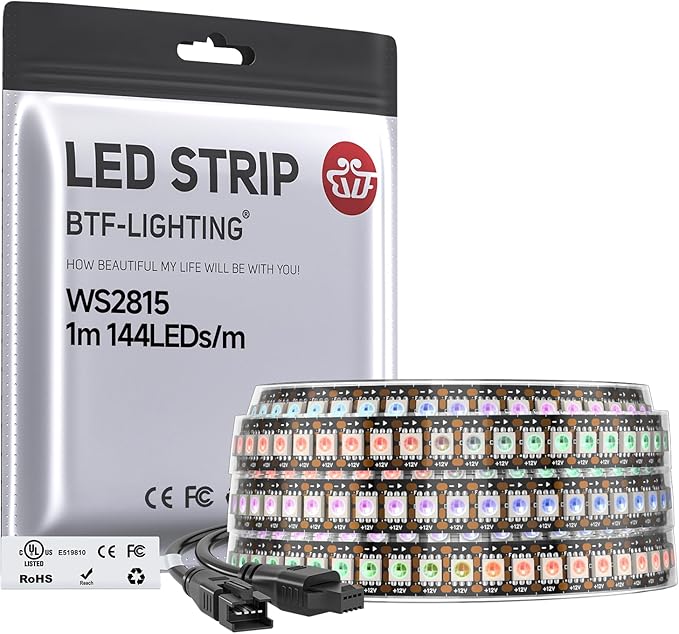 BTF-LIGHTING WS2815 (Upgraded WS2812B) LED Strip Light,UL Listed,3.2FT 144 LED/Pixels,Flexible Chasing RGB,Dual Signal Individually Addressable,5050SMD,DC12V IP67(No Adapter or Controller)