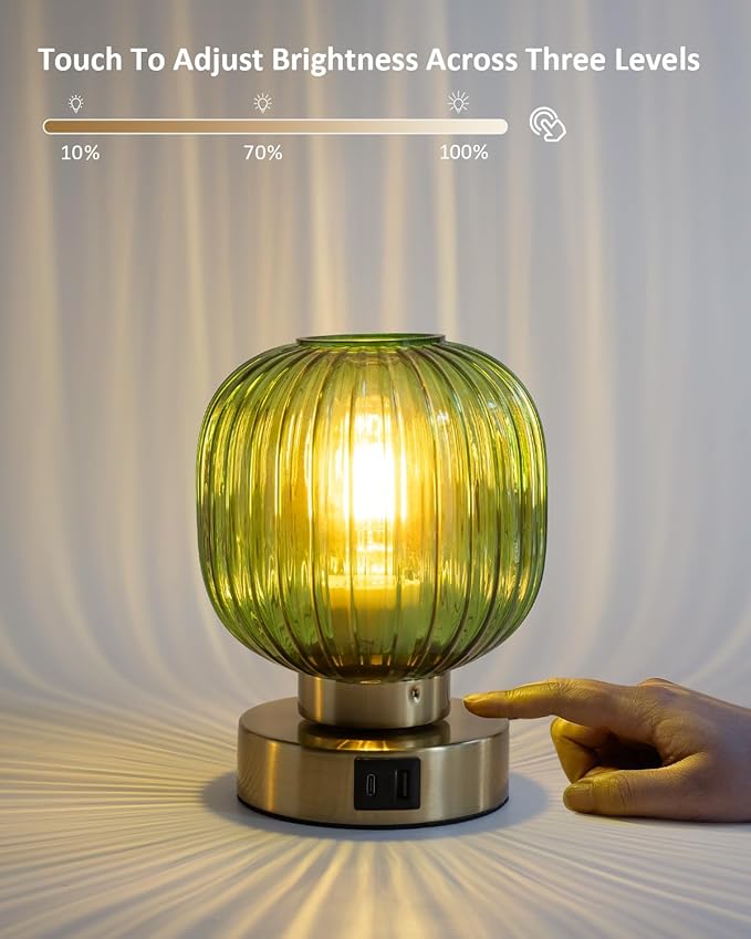 Elenhome Touch Small Table Lamp,Elegant Green Glass Bedside Lamp 3 Way Dimmable with USB C+A Charging Ports - Bedroom Nightstand & Living Room Essential, 4W Bulb Included (Green)