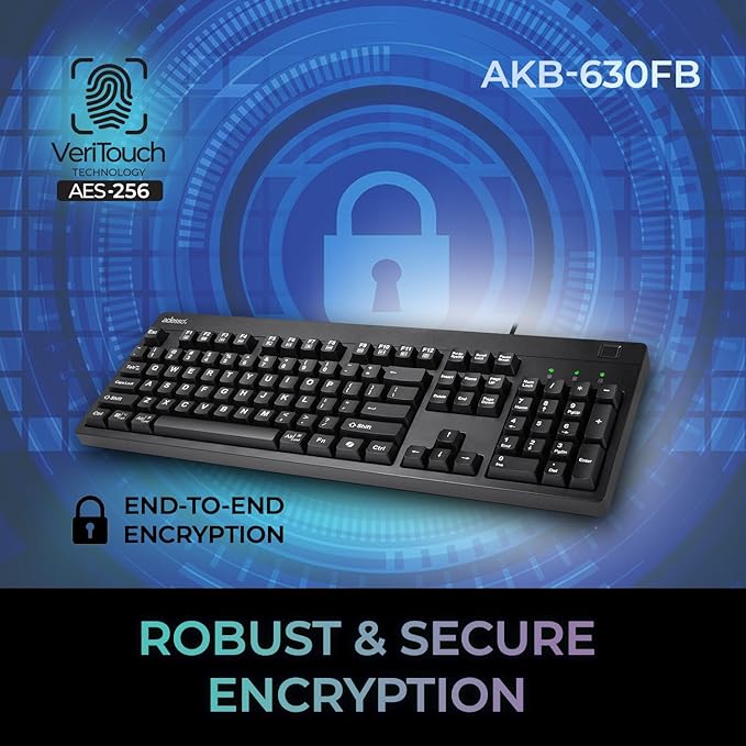 Adesso TAA Compliant Fingerprint Keyboard with AES 256 Encryption USB Wired Full Size 104 Key Layout Windows Hello Compatible Made in Taiwan for Government Business Education AKB-630FB-TAA