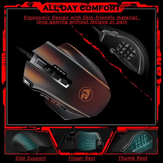 Redragon Gaming Mouse, MMO Mouse Gaming UP 12400 DPI, 19 Macro Programmable Buttons, RGB Mouse with 12 Side Buttons, 8 * 2.4g Weight Tuning for PC Laptop MOBA FPS, M901K, Black