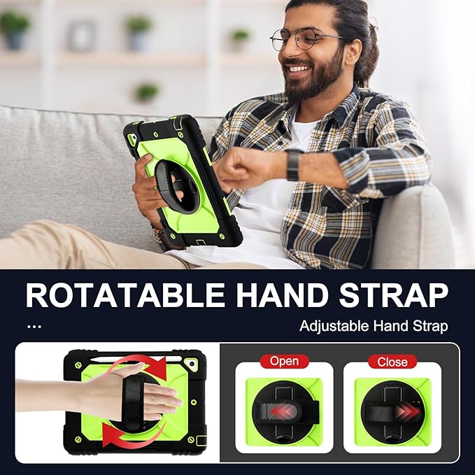 for iPad 6th Generation/iPad 5th Gen/iPad Air 2/iPad Pro 9.7" Case with Cute Key Chain, Rugged Protective Case with Rotating Stand & Shoulder Hand Strap for iPad 6th/5th/ Air 2 (Black+Yellow)