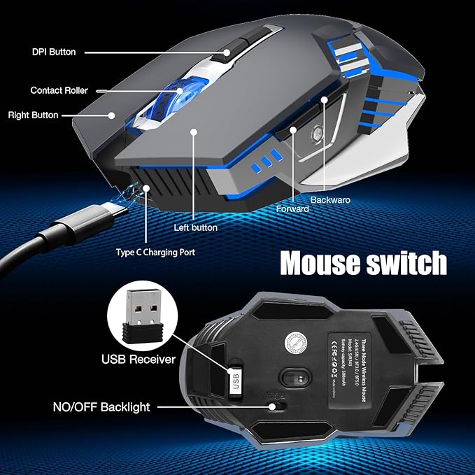 Bluetooth Gaming Mouse, RGB Rechargeable USB Wireless Mouse, Quiet Click, LED Backlit, Ergonomic, with Side Button, 6 Button, DPI Adjustable, Computer Mice for Laptop PC MacBook Chromebook - Grey