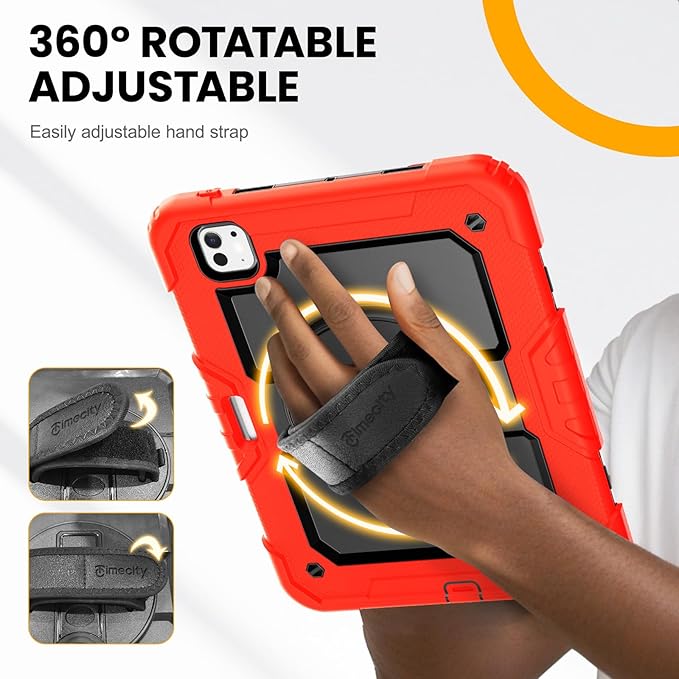 timecity Case for iPad Pro 11 Inch M5 2025 / M4 2024, 360° Rotating Stand, Pencil Holder & Wireless Charging, Shockproof with Screen Protector & Shoulder Strap - for Designers & Professionals, Red