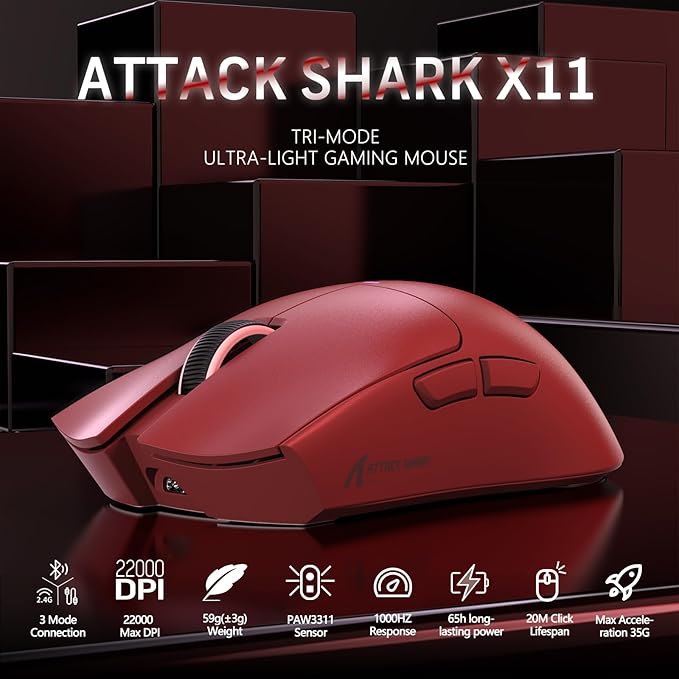 MAGIC-REFINER Attack Shark X11 59g Superlight Wireless Gaming Mouse with Magnetic RGB Charging Dock，BT/2.4G Wireless/Wired Mouse, 22000 DPI，5 Programmable Buttons for PC/Laptop/Mac（Red）