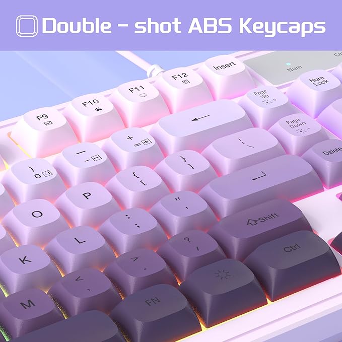 MageGee Gradient Purple Creamy Keyboard and Mouse Combo,MageGee GK980 Wired RGB Backlit Keyboard and Gradient Purple Gaming Mouse Combo,PC Keyboard and Adjustable Sensitivity Mouse for PC/loptop/MAC