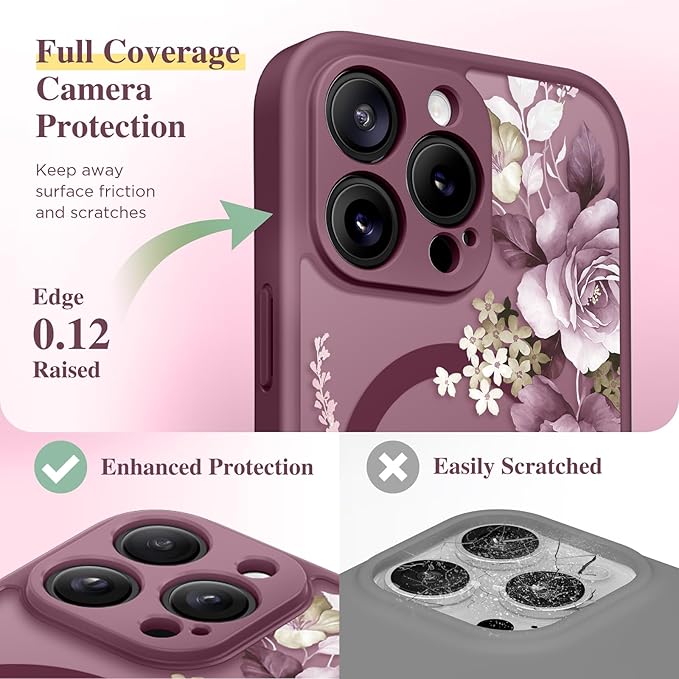 GVIEWIN for iPhone 16 Pro Case Compatible with MagSafe, [Military Grade Protection] [Screen Protector] Full Camera Protection Floral Translucent Women Magnetic Phone Case, Cherry Blossoms/Burgundy