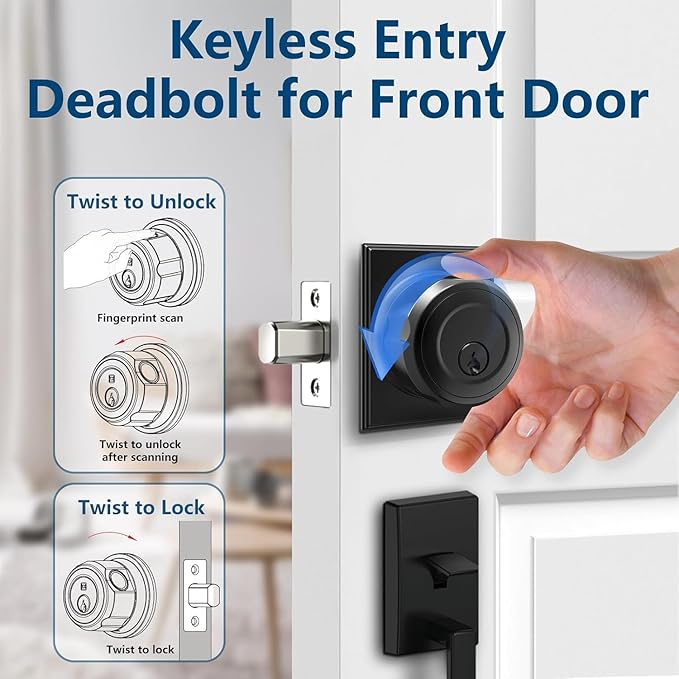 GeekTale Fingerprint Deadbolt, Fingerprint Door Knob, Smart Deadbolt Lock, Smart Door Lock, Twist to Lock&Unlock, Keyless Entry Door Lock with App, for Front Door, Garage, Easy Installation
