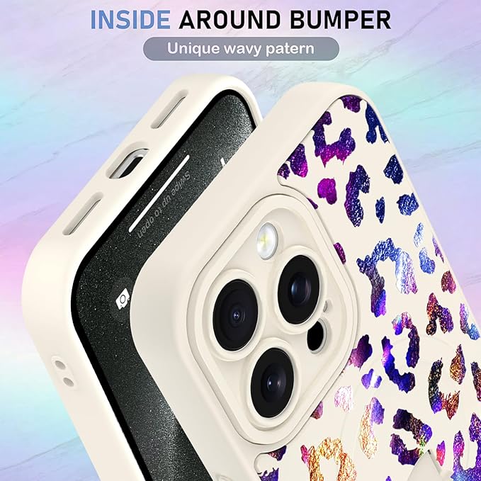 KANGHAR Compatible with iPhone 15 Pro Max Case, Support for MagSafe, Silicone Cute Iridescent Leopard Cheetah Pattern, Wristband Kickstand Shockproof Protective Slim Cover for Women Girls, White