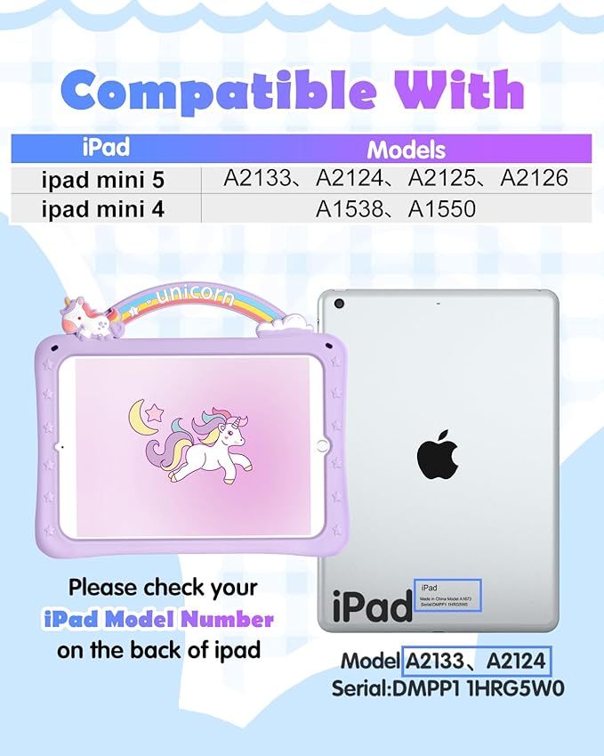 Wazzasoft for iPad mini 4/5 Case 7.9 Inch Girls Cute Girly Cartoon Kawaii Pretty Purple Design Cover with Stand & Strap Unique Women Teens Silicone Funda for Apple iPad mini 5th/4th Gen (2019/2015)