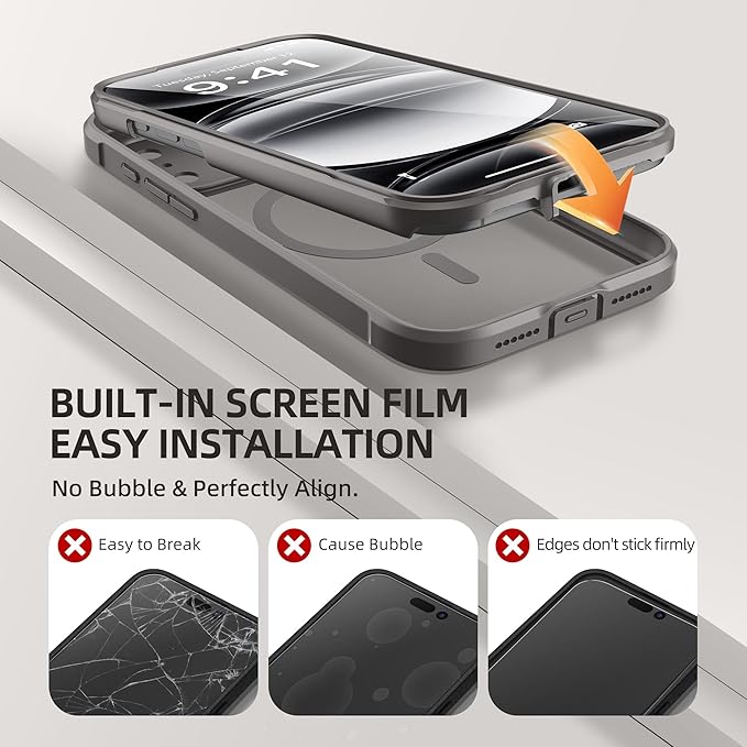 BERFY for iPhone 17 Pro Case, Compatible with MagSafe, Built-in Glass Screen Protector, Camera Protection, Shockproof Full Body Phone case 6.3", Clear Grey
