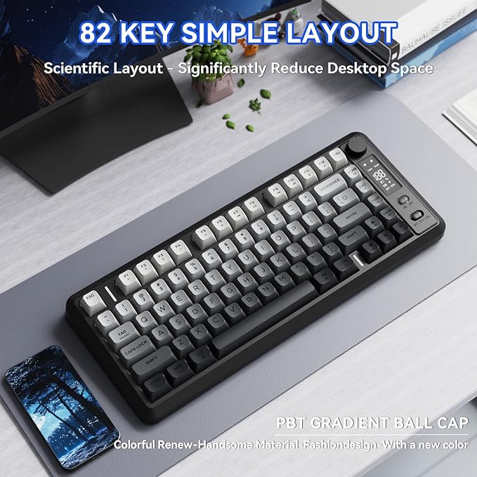 ZIYOU LANG M75 Wireless Gaming Keyboard, RGB Backlit Rechargeable 2000mAh Battery, Small Membrane But Mechanical Feel Keyboard with Smart Display & Knob, PBT Gradient keycaps for PC, MAC-Moonlit Night
