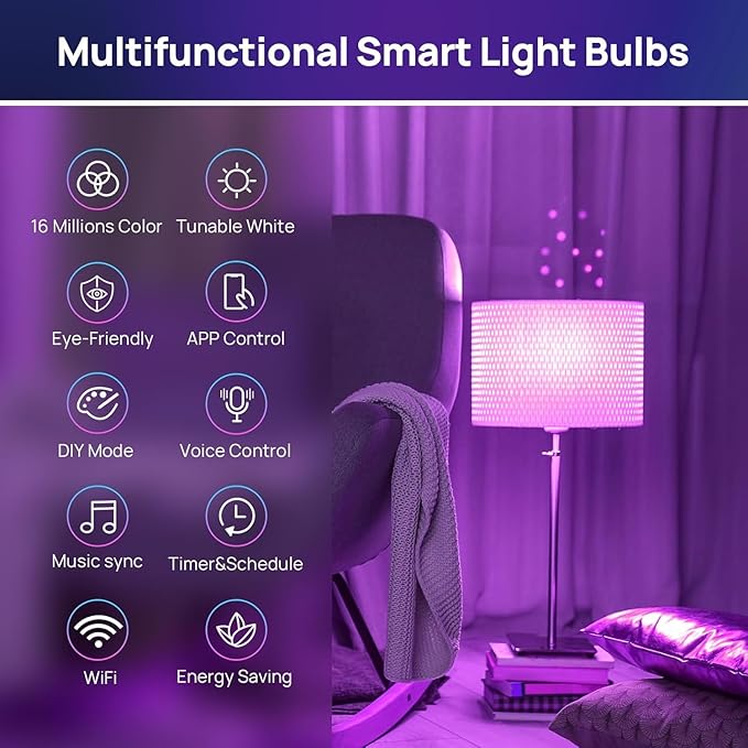 Consciot Smart Light Bulbs, A19 Color Changing Smart Bulbs, 800 Lumens 60W Equivalent, Works with Apple Home, Alexa, Google Home & SmartThings, Dimmable LED, 6-Pack
