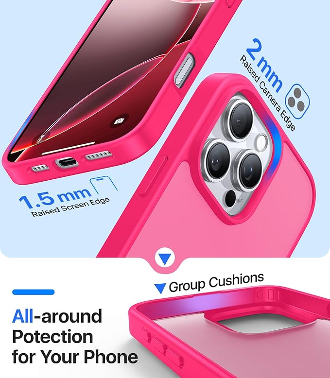for iPhone 16 Pro Max Case[Military-Grade Drop Protection][Anti-Yellowing] Shockproof Protective Translucent Matte Cover for iPhone 16 Pro Max Phone Case,Hot Pink