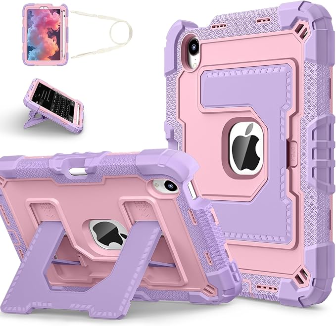 Kids Friendly Case for Apple iPad mini 7 A17 Pro 2024/iPad Mini 6 2021 8.3 Inch 7th/6th Gen Case with Pencil Holder & Shoulder Strap, Shockproof Kickstand Hard Shell Protective Cover,Pink+Purple