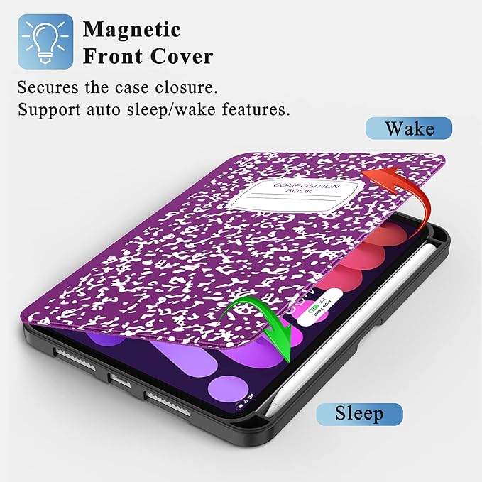 Supveco Case for iPad mini 7 (A17 Pro) 2024/iPad Mini 6 2021 8.3 Inch with Pencil Holder-[Auto Wake/Sleep],Slim Protective Case with Soft TPU Back Cover for iPad mini 7th/6th Generation(Purple)