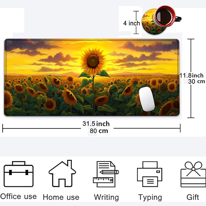 Large Mouse Pad, 31.5 x 11.8in Extended Gaming Mouse Pad with Stitched Edges, XXL Mousepad Protector Non Slip Rubber Base for Office and Home Writing Mat, Sunflower Field Pattern Desk Mat