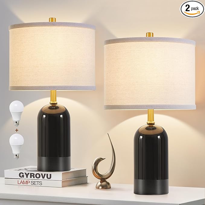 GyroVu Modern Ceramic Table lamp Set of 2, Black Bedside Lamp 21.5" Tall Nightstand Lamp End Table Lamps for Living Room Bedroom (Bulbs Included)