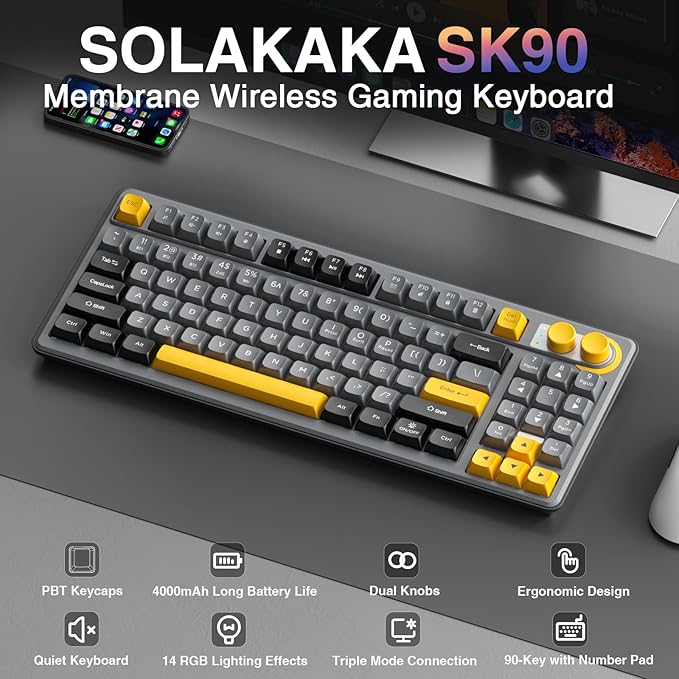 SOLAKAKA SK90 75% Wireless Gaming Keyboard - 4000mAh Tri-Mode (BT5.0/2.4G/USB-C) Cute Creamy Gaming Keyboard with Number Pad, Media Knob, RGB Backlit, Quiet Keys Silent Office Keyboards for PC MAC