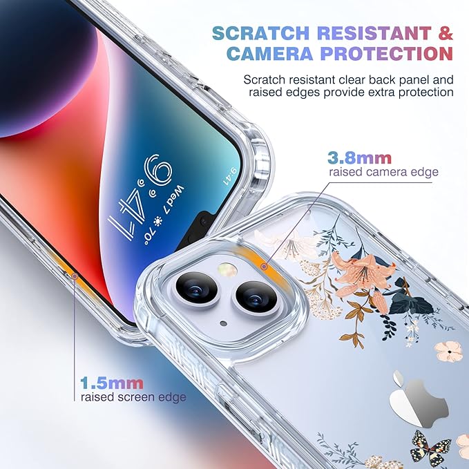 Diaclara Designed for iPhone 14 Case, Full Body Rugged Case with Built-in Touch Sensitive Anti-Scratch Screen Protector, with Camera Lens Protector for iPhone 14 6.1" (Lily) Butterfly