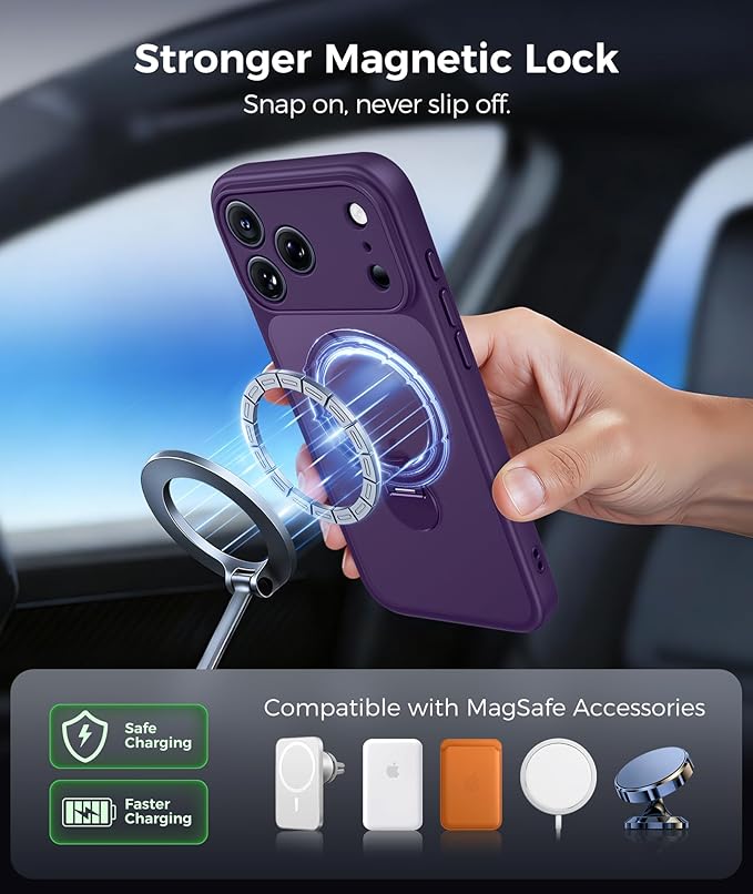 FNTCASE for iPhone 17 Pro-Max Case: [360 Spin Magnetic Stand] [Compatible with Magsafe] [Screen Protector] Translucent Matte Military Grade Shockproof Full Camera Protective Phone Cover - Purple