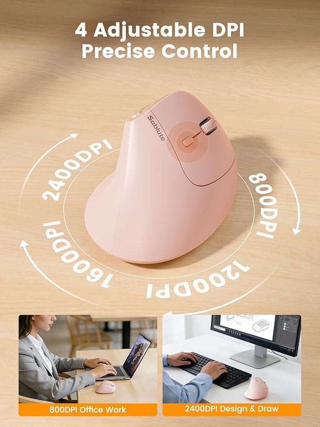 SABLUTE MAM3 Ergonomic Mouse, Rechargeable Wireless Vertical Mouse with 4 Adjustable DPI for Small/Medium Hands, Dual-Device Connectivity for Computer/PC/Laptop,Bluetooth Mouse for Window,Mac OS,Pink