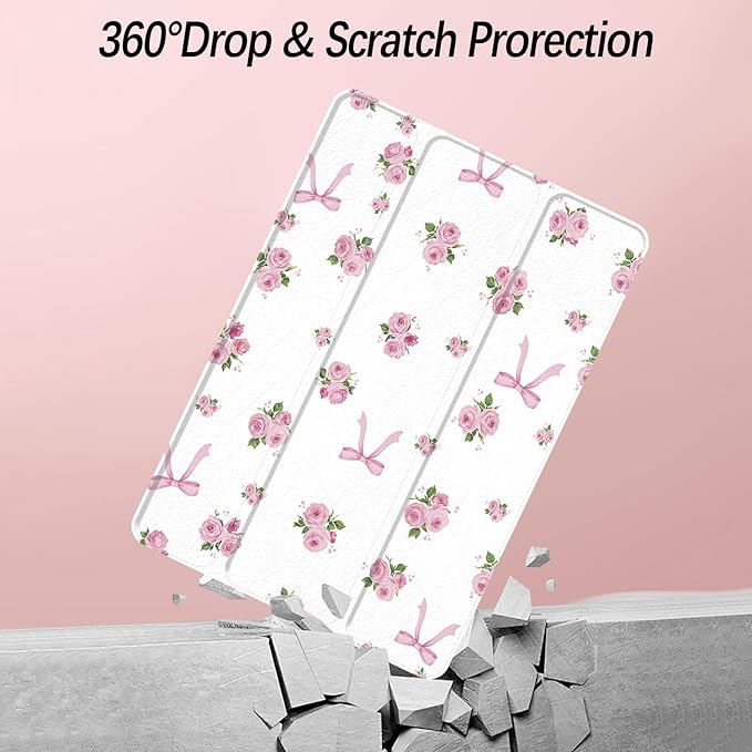 Case for iPad Pro 11-Inch M5/M4 2025/2024 (6th/5th Generation), Case with Pencil Holder, Clear Back Cover Cute Cool Design for Women Girls, Auto Sleep/Wake, Bow Rose