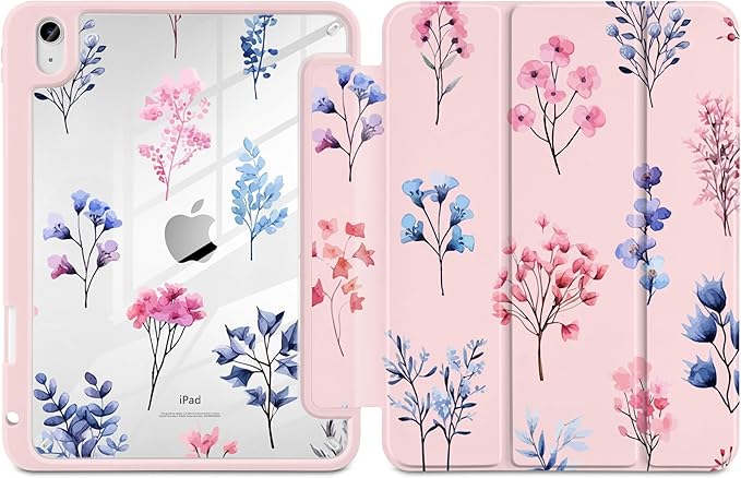 Case for iPad Air 13 inch 2026 M4 2025 M3 2024 M2 Release Slim Shockproof Cute Light Pink Cover with Clear Back TPU Edge Pencil Holder Trifold Stand Auto Wake Sleep, Hand-Drawn Florals