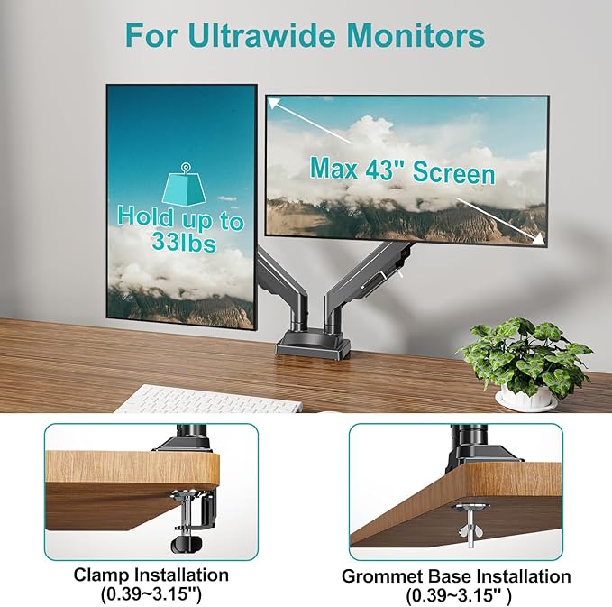 MOUNT PRO Dual Monitor Stand for Two Screens up to 43 Inch, Heavy Duty Ultrawide Double Monitor Arm Holds up to 33lbs Each, Premium Adjustable Computer Monitor Mount for 2 Monitors, VESA Desk Mount