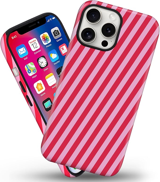Magnetic for iPhone 15 Pro Max Case Cute Diagonal Stripes Phone Case, Shockproof Slim TPU and Hard PC Protective Phone Cover Compatible with MagSafe Designed for Women Girls,Red