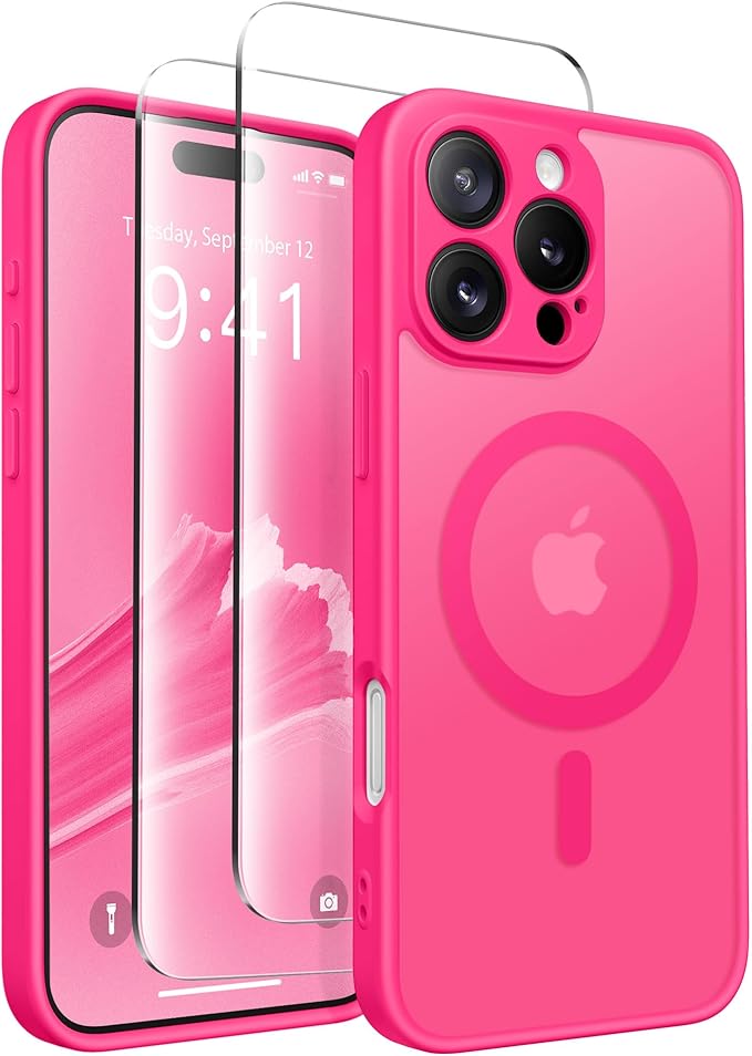 CAPRARO Magnetic Compatible with iPhone 16 Pro Case, Upgraded [Full Camera Protection] [Compatible with MagSafe] Protective Translucent Matte Women Girl Phone Case Cover, Hot Pink