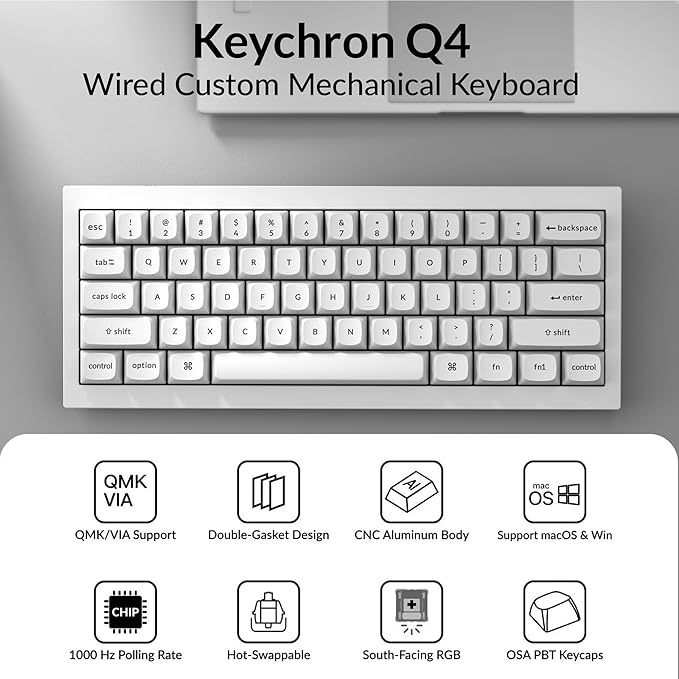 Keychron Q4 Wired Custom Mechanical Keyboard, QMK/VIA Programmable Macro, Full Aluminum, Hot-Swappable Gateron G Pro Red Switch, 60% Layout Double Gasket Compatible with Mac and Windows - White