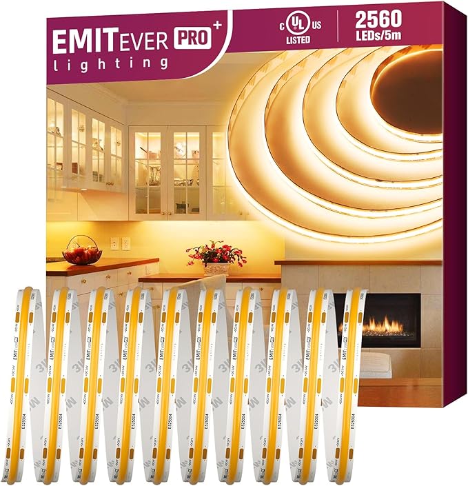 EMITEVER COB LED Strip Lights Warm White, 2700K Tape Light Premium High Density, DC 24V, 360+Lumens/ft, 2560LEDs/Spool, Ra 90+, 16.4ft/5m, UL Listed 5 Year After-Service (Power Supply Sold Separately)