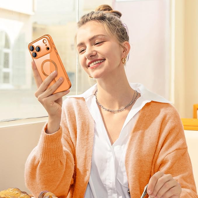 Hython Magnetic Clear for iPhone 17 Pro Max Case with Camera Lens Protector [Compatible with MagSafe] Plating Edge Slim Soft TPU Cover Protective Phone Case for iPhone 17 Pro Max 6.9", Matte Orange