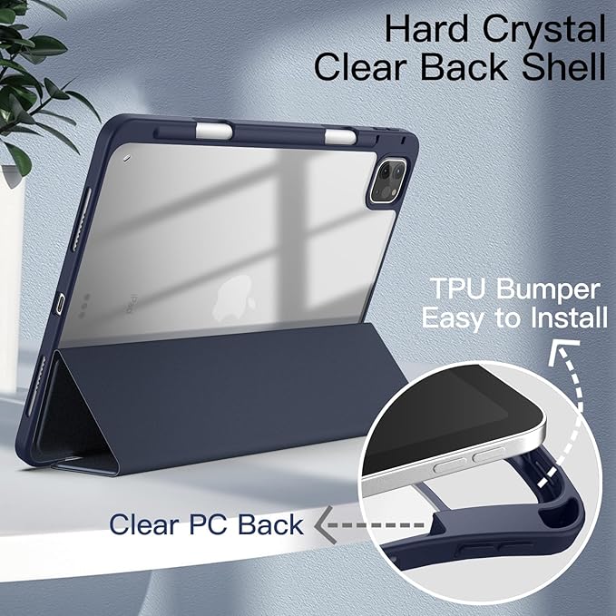 JETech Case ONLY for iPad Pro 11 Inch (2022/2021/2020/2018) with Pencil Holder, Clear Transparent Back Shell Slim Stand Shockproof Tablet Cover, Auto Wake/Sleep (Deep Navy)