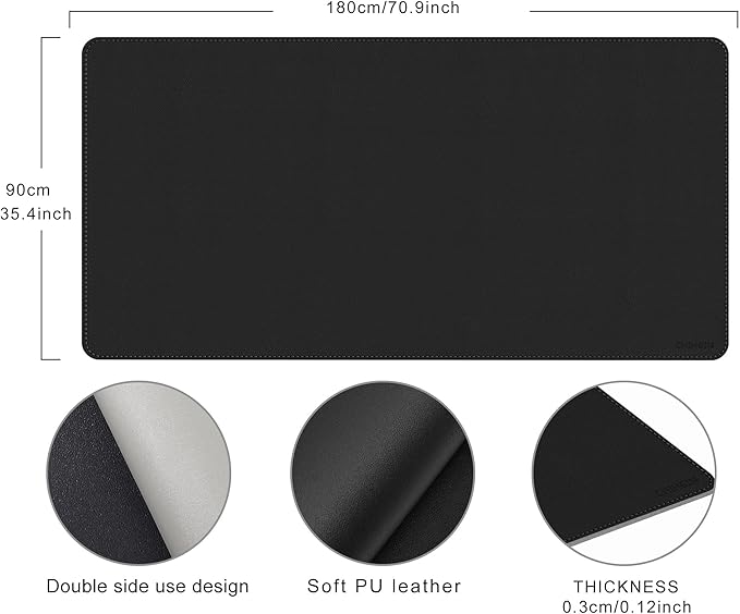 Chihein 71" x 35" 4XL PU Leather Desk Mat (Black/Gray), Huge Mouse Pad, Dual Sided Desk Pad Protector, Waterproof Writing Blotter for Gaming/Office/Home